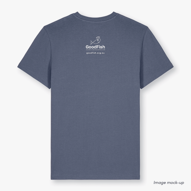 GoodFish organic cotton grey-blue t-shirt with a white screen print of the GoodFish logo (back).