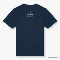 GoodFish organic cotton french navy t-shirt with a white print of the GoodFish logo (back).