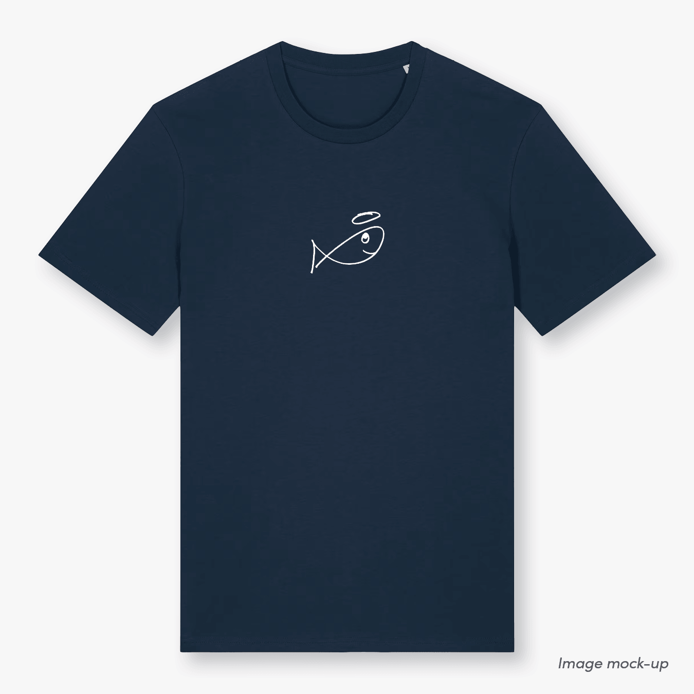 GoodFish organic cotton french navy t-shirt with a white print of the GoodFish logo (front).
