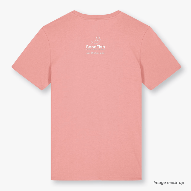 GoodFish organic cotton canyon pink t-shirt with a white screen print of the GoodFish logo (back).