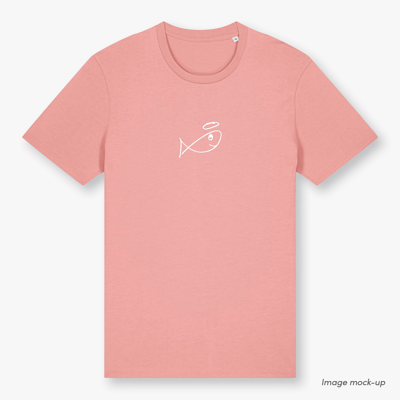 GoodFish organic cotton canyon pink t-shirt with a white screen print of the GoodFish logo (front).