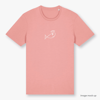 GoodFish organic cotton canyon pink t-shirt with a white screen print of the GoodFish logo (front).