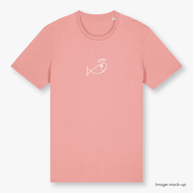 GoodFish organic cotton canyon pink t-shirt with a white screen print of the GoodFish logo (front).