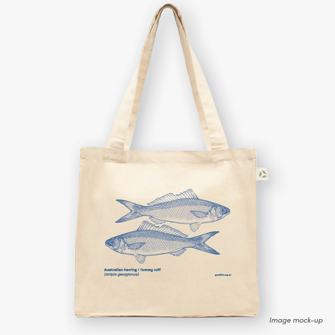 GoodFish organic cotton canvas tote bags with a blue screen print of two Australian herring / Tommy ruff.