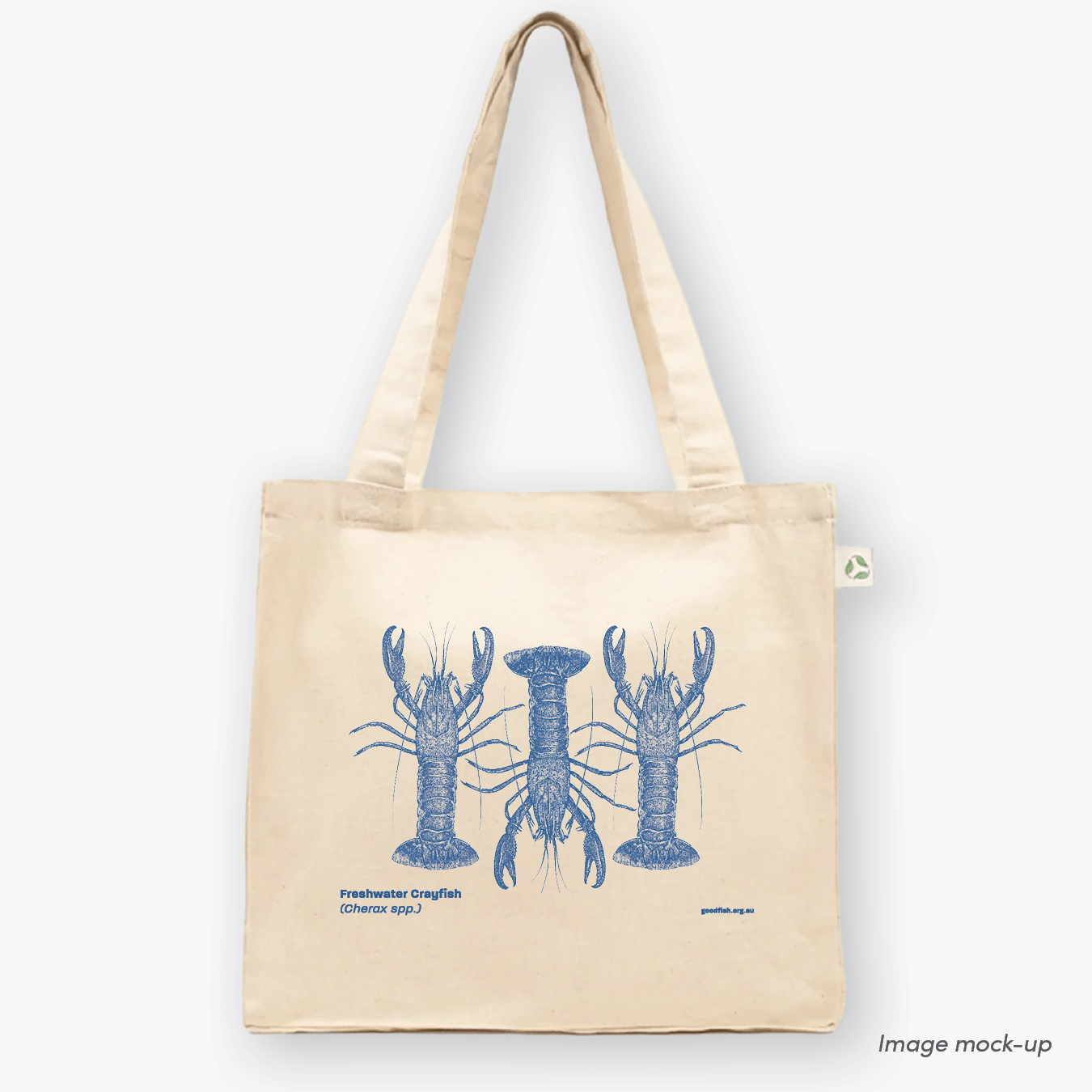 GoodFish organic cotton canvas tote bags with a blue screen print of three freshwater crayfish.