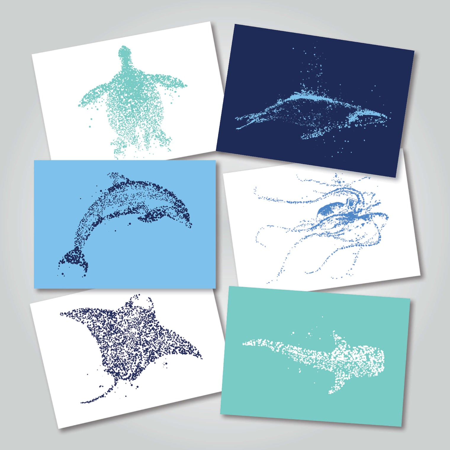 Collection of six different coloured gift cards with artwork by Collider of Australia’s marine wildlife, rendered in water bubbles.