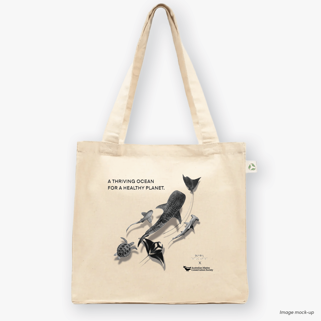 Natural canvas tote bags featuring screen-printed monochrome artwork of marine wildlife by Guy Shoval, together with the AMCS vision statement: "A thriving ocean for a healthy planet".