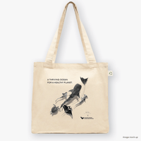 Natural canvas tote bags featuring screen-printed monochrome artwork of marine wildlife by Guy Shoval, together with the AMCS vision statement: "A thriving ocean for a healthy planet".