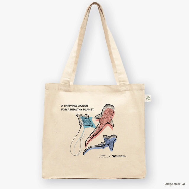 Natural canvas tote bags featuring screen-printed artwork of whale sharks and a manta ray by Guy Shoval, together with the AMCS vision statement: "A thriving ocean for a healthy planet".
