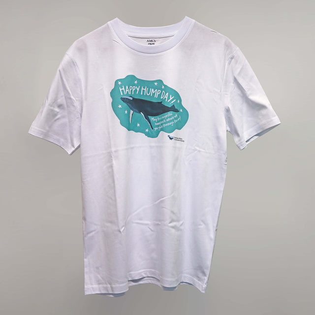 'Happy Hump Day!' organic cotton, short sleeve white t-shirt with a navy and green illustration print of a humpback whale by Red Parka.