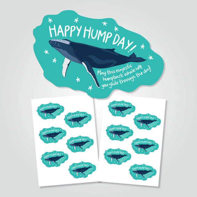 ‘Happy Hump Day’ indoor sticker set of six with an illustration print of a humpback whale by Red Parka.