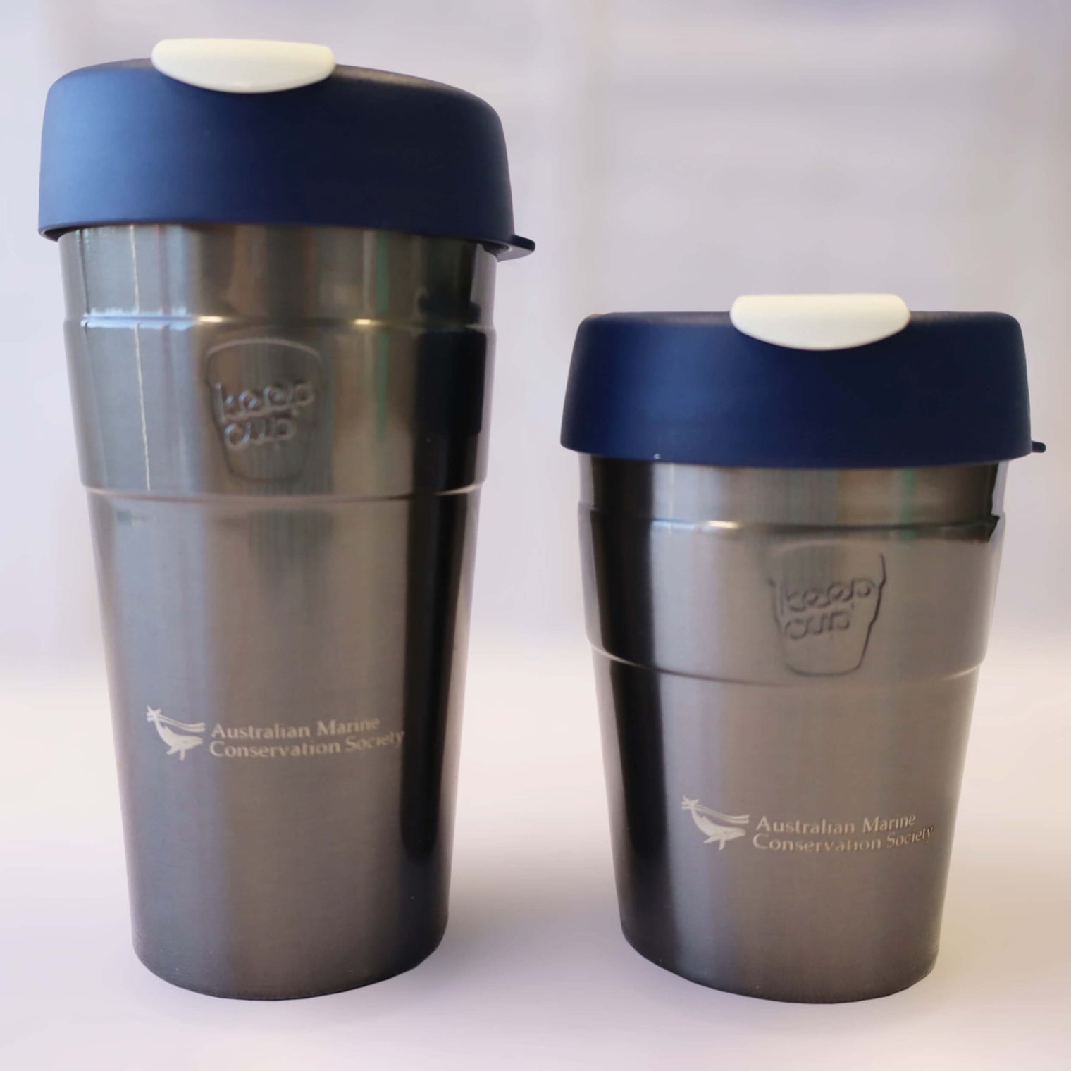 Two reusable, thermal travel cups by KeepCup in nitro steel. 