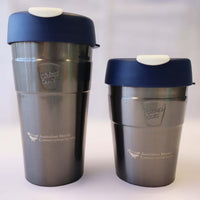 Two reusable, thermal travel cups by KeepCup in nitro steel. 