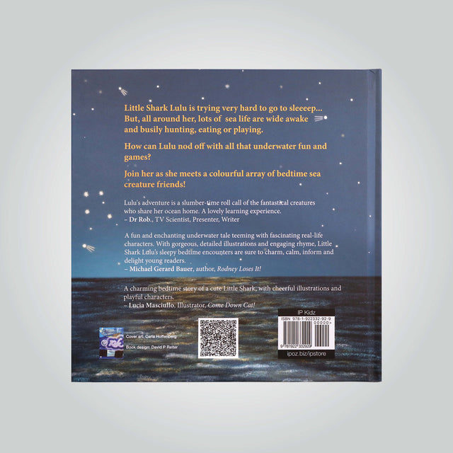'Little Shark Lulu is Sleeping' book cover (back) by Dr Charlotte Birkmanis, Josie Montano and Carla Hoffenberg, featuring an illustration of the ocean and night sky.