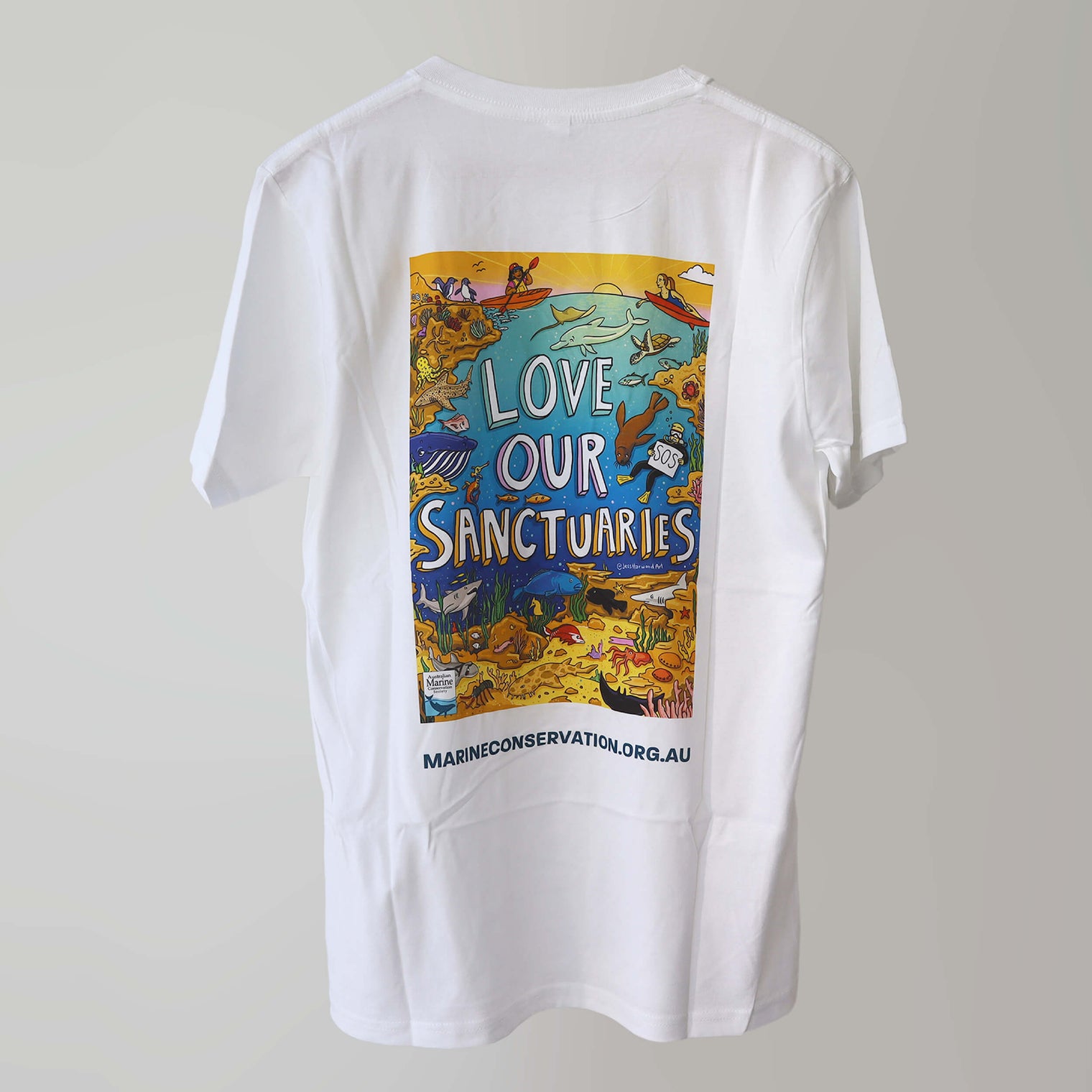 'Love Our Marine Sanctuaries' campaign t-shirt (back) with multicoloured artwork of the ocean, marine life and people diving, surfing and kayaking, by artist Jess Harwood.