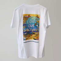 'Love Our Marine Sanctuaries' campaign t-shirt (back) with multicoloured artwork of the ocean, marine life and people diving, surfing and kayaking, by artist Jess Harwood.