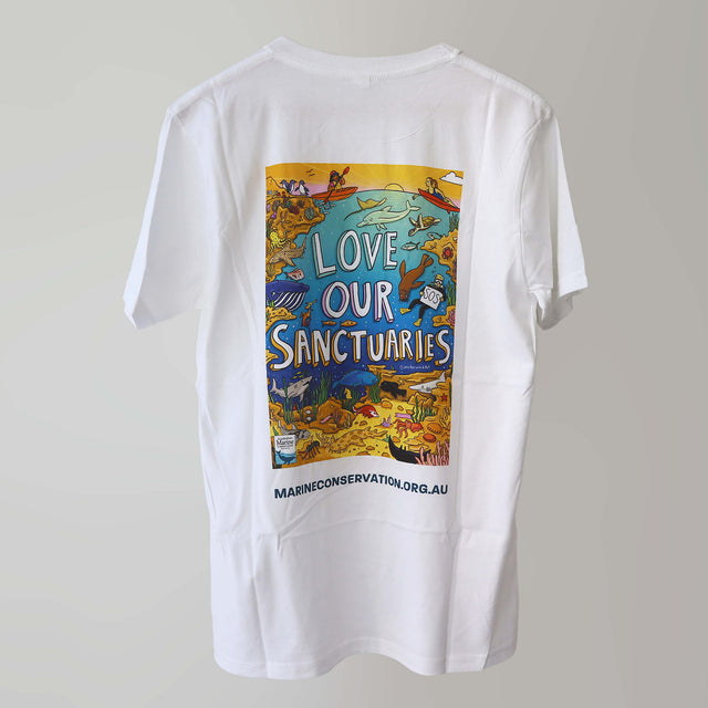 'Love Our Marine Sanctuaries' campaign t-shirt (back) with multicoloured artwork of the ocean, marine life and people diving, surfing and kayaking, by artist Jess Harwood.