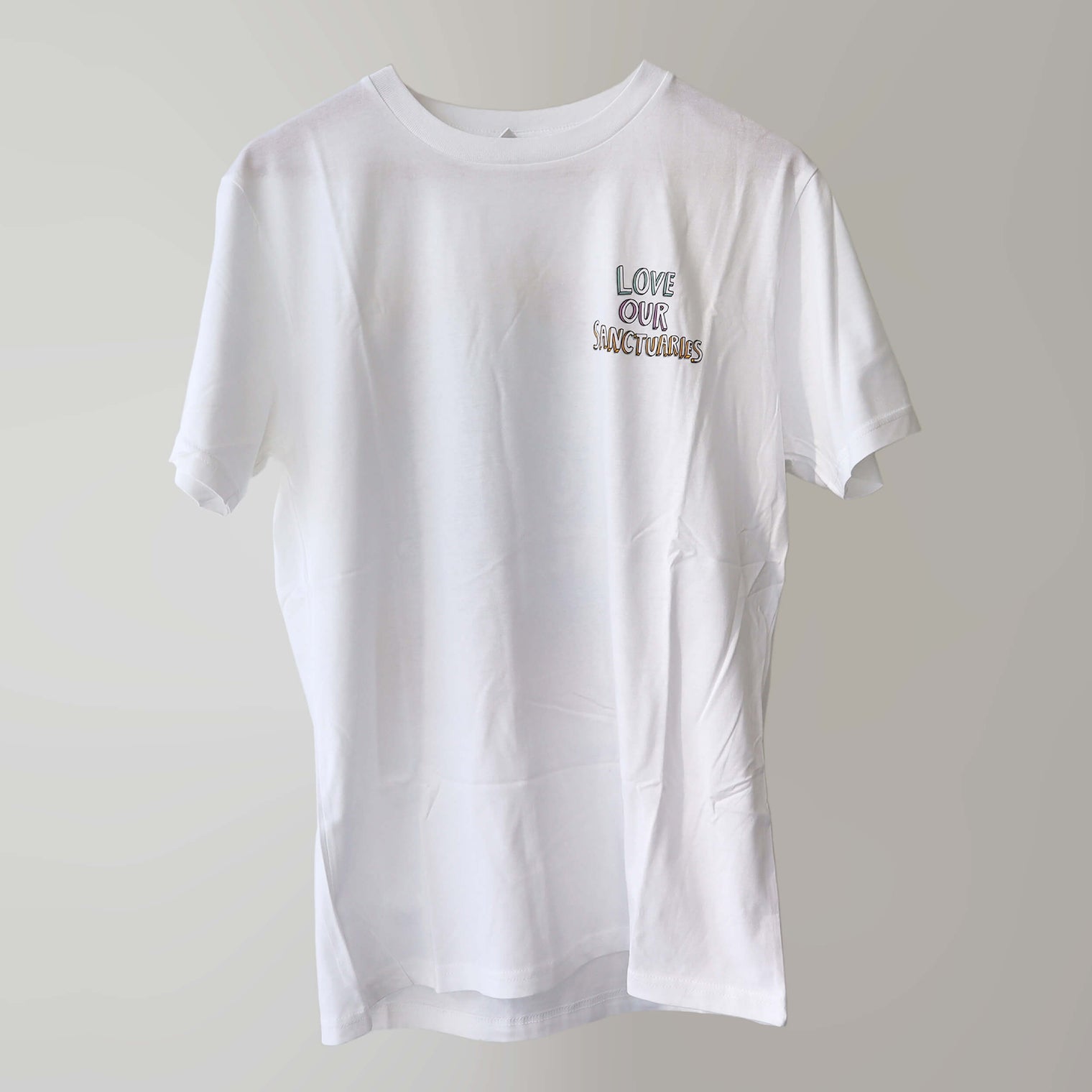 'Love Our Marine Sanctuaries' campaign t-shirt (front) with multicoloured artwork lettering by artist Jess Harwood.