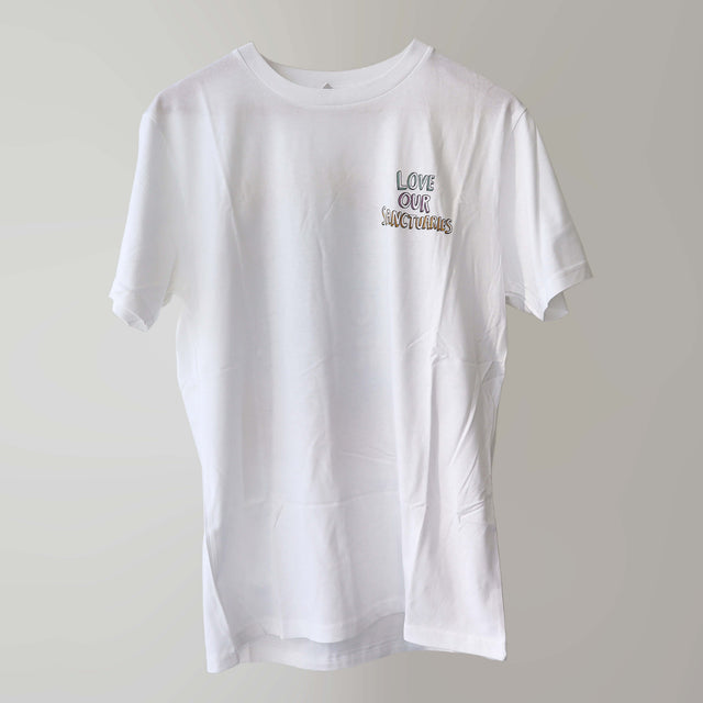 'Love Our Marine Sanctuaries' campaign t-shirt (front) with multicoloured artwork lettering by artist Jess Harwood.