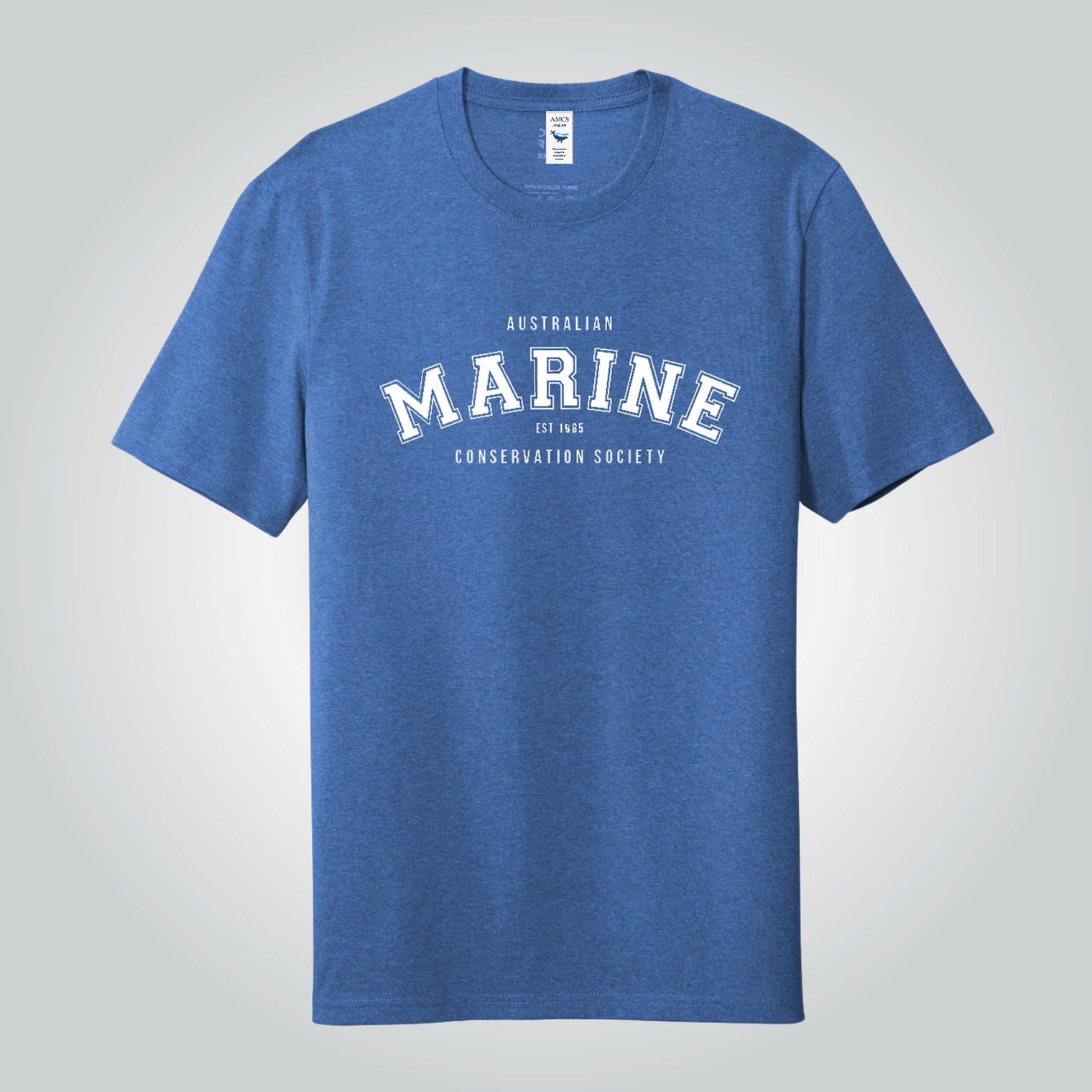 Marine crew neck blue t-shirt with a white bold lettering print.