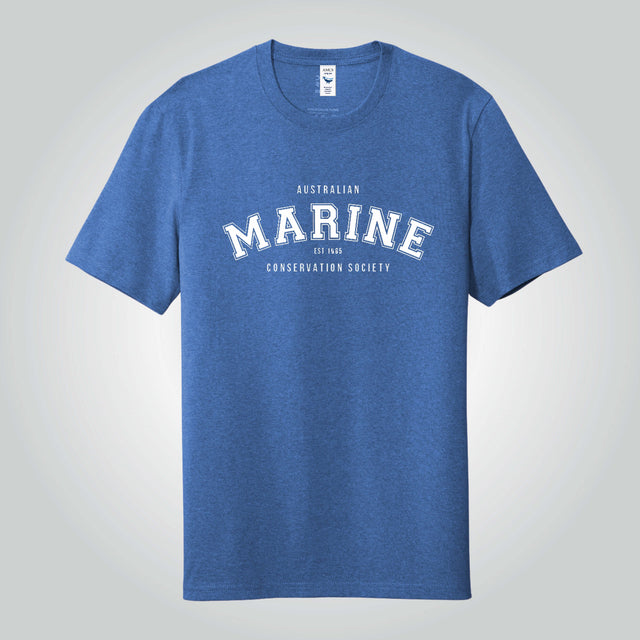 Marine crew neck blue t-shirt with a white bold lettering print.