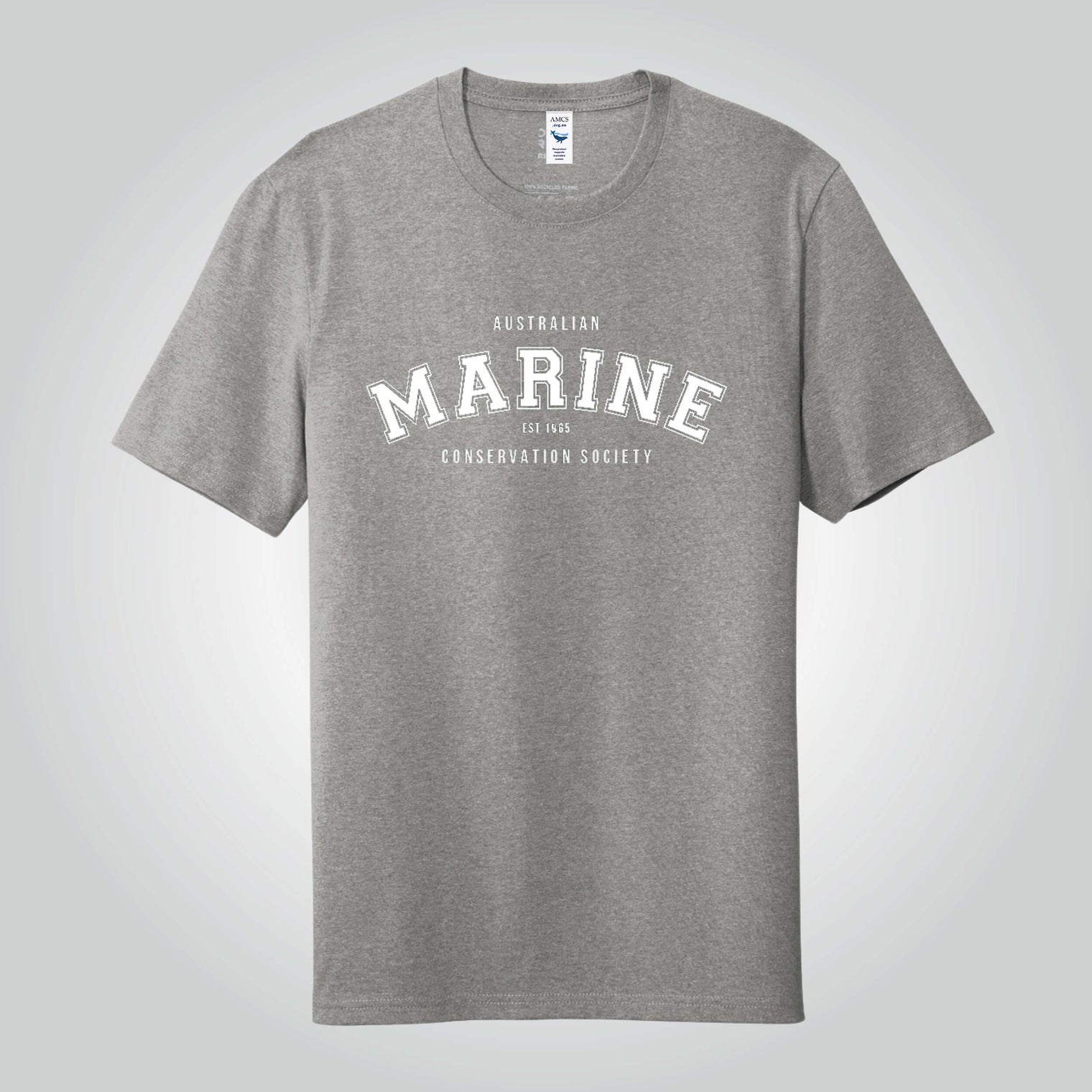 Marine crew neck grey t-shirt with a white bold lettering print.
