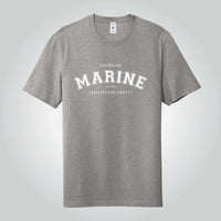 Marine crew neck grey t-shirt with a white bold lettering print.