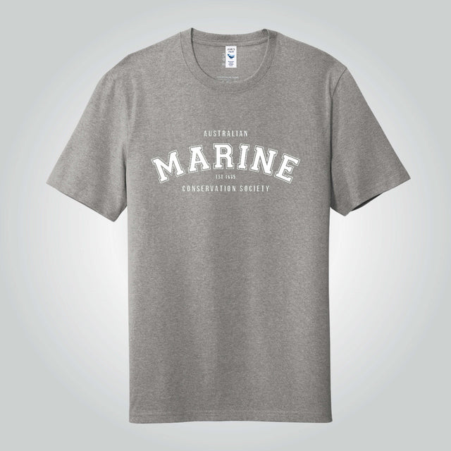 Marine crew neck grey t-shirt with a white bold lettering print.