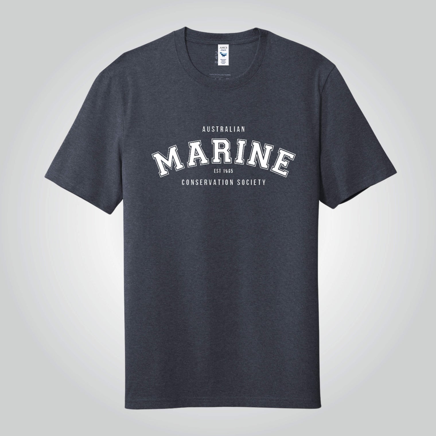 Marine crew neck navy t-shirt with a white bold lettering print.