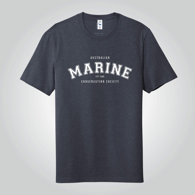 Marine crew neck navy t-shirt with a white bold lettering print.