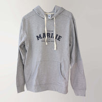 Light heathered grey drawcord hoodie (front), with bold capitalised lettering, 'Australian Marine Conservation Society'.