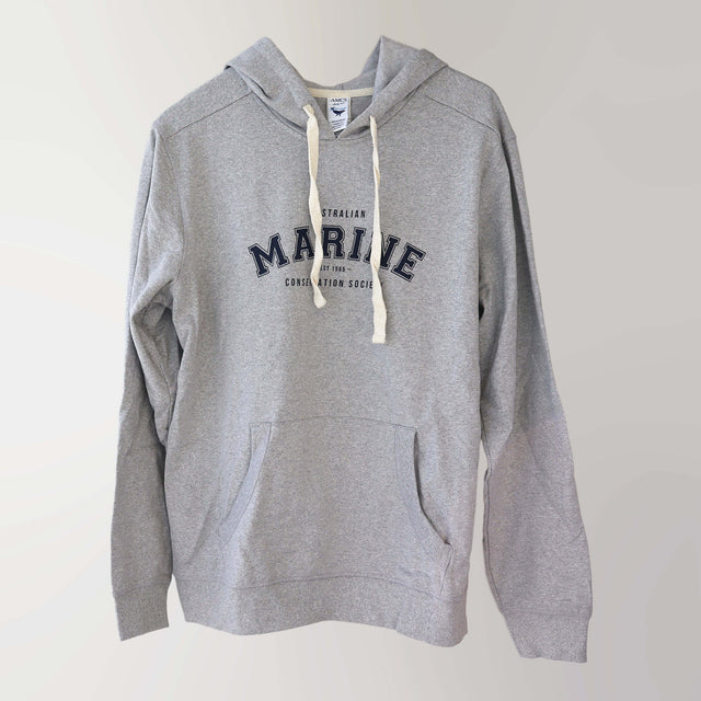 Light heathered grey drawcord hoodie (front), with bold capitalised lettering, 'Australian Marine Conservation Society'.