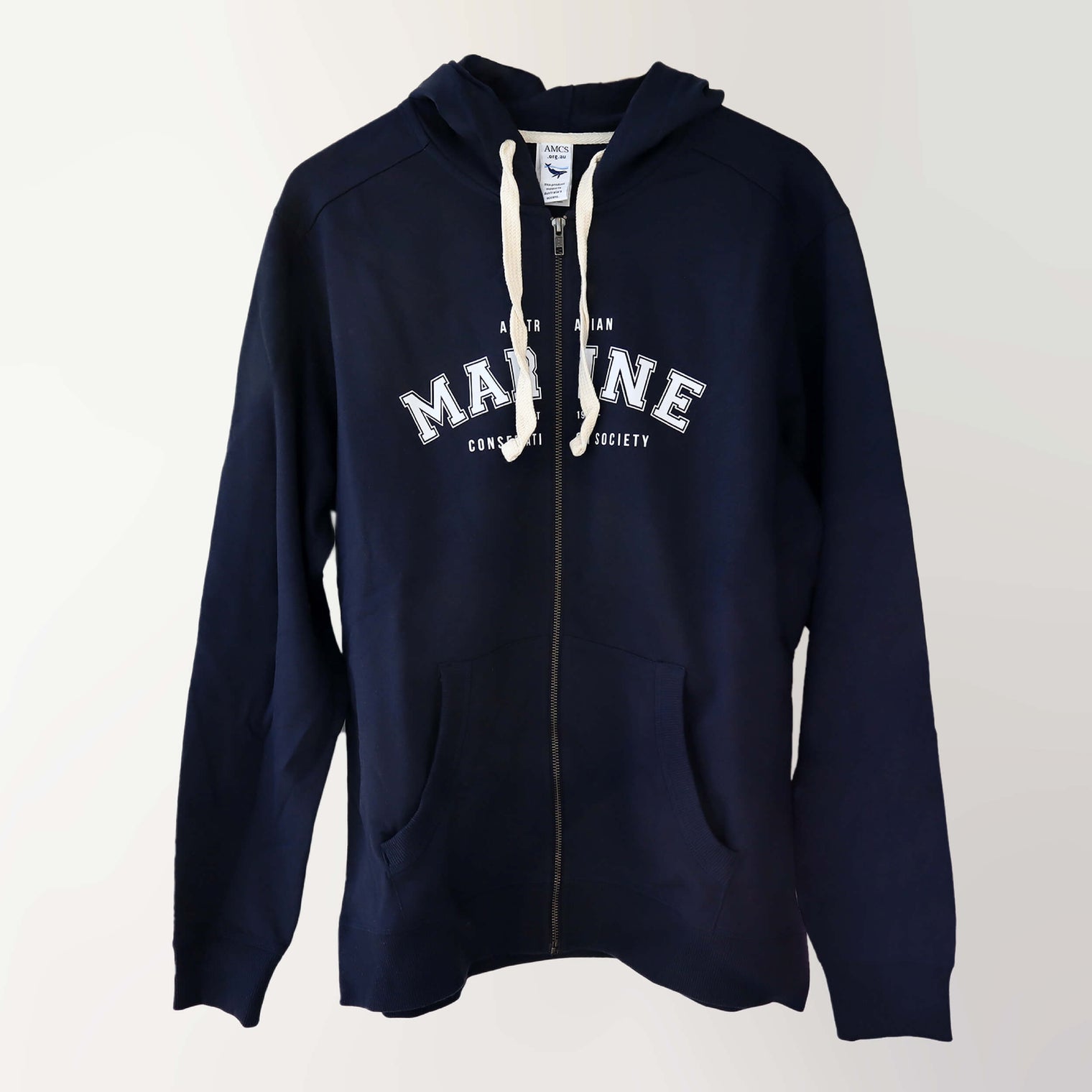 ‘Marine’ navy zip-up hoodie (front), with bold capitalised lettering, 'Australian Marine Conservation Society'.