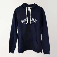 ‘Marine’ navy zip-up hoodie (front), with bold capitalised lettering, 'Australian Marine Conservation Society'.