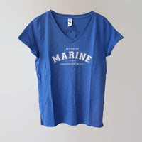 Marine v-neck blue t-shirt with a white bold lettering print.