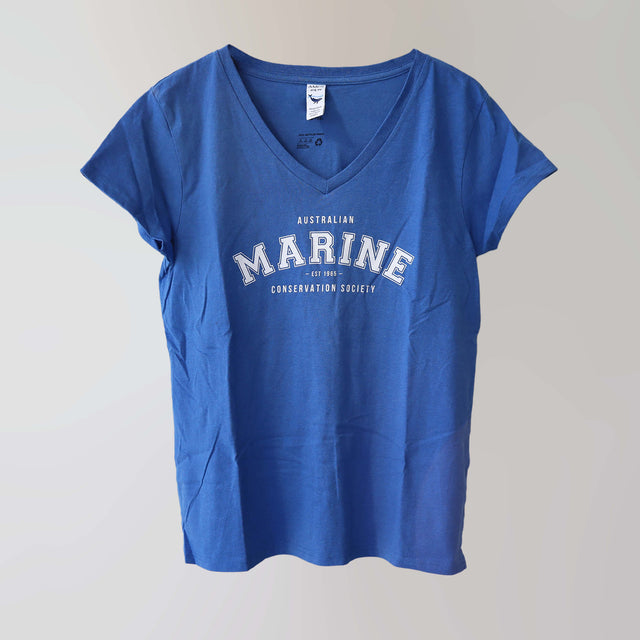 Marine v-neck blue t-shirt with a white bold lettering print.