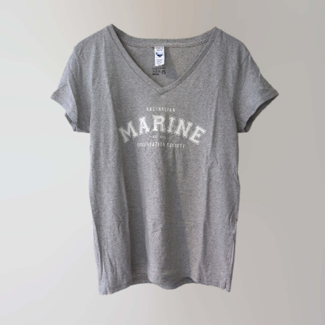 Marine v-neck grey t-shirt with a white bold lettering print.