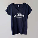 Marine v-neck navy t-shirt with a white bold lettering print.