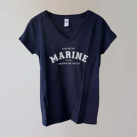 Marine v-neck navy t-shirt with a white bold lettering print.