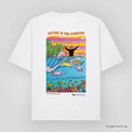 Mock-up image of the 'Nature is for everyone' t-shirt (back) in organic cotton with a print of Mulga the Artist's artwork of male surfer, 'Malibu Joe', riding a wave together with marine wildlife, and text underneath 'Nature is for everyone'.