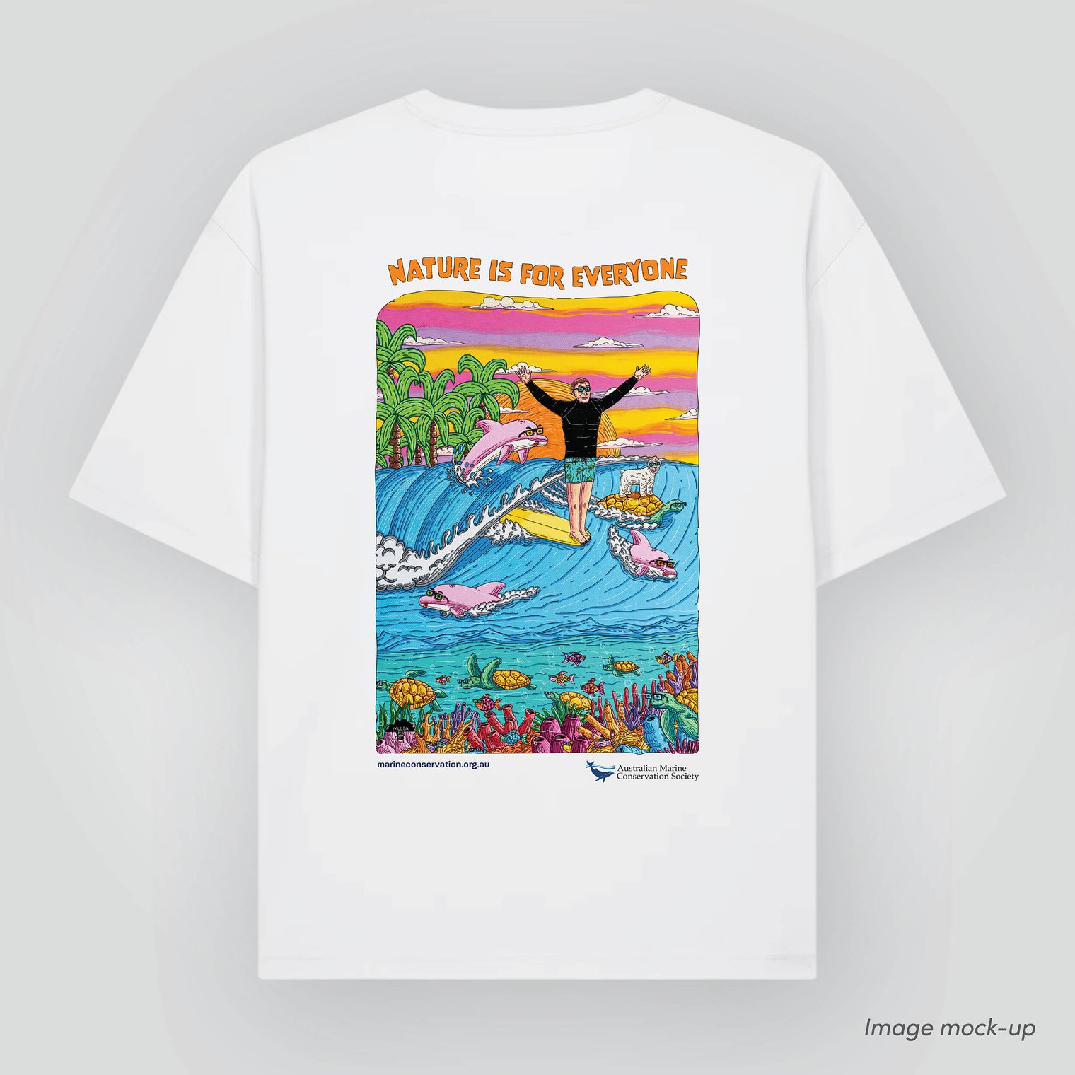 Mock-up image of the 'Nature is for everyone' t-shirt (back) in organic cotton with a print of Mulga the Artist's artwork of male surfer, 'Malibu Joe', riding a wave together with marine wildlife, and text underneath 'Nature is for everyone'.