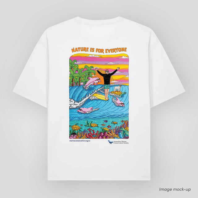 Mock-up image of the 'Nature is for everyone' t-shirt (back) in organic cotton with a print of Mulga the Artist's artwork of male surfer, 'Malibu Joe', riding a wave together with marine wildlife, and text underneath 'Nature is for everyone'.
