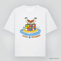 Mock-up image of the 'Nature is for everyone' t-shirt (front) in organic cotton with a print of Mulga the Artist's artwork of two seabirds, 'Marty and Geoff the Seagulls', standing on a Rubik's Cube and text underneath 'Difficult but not impossible'.