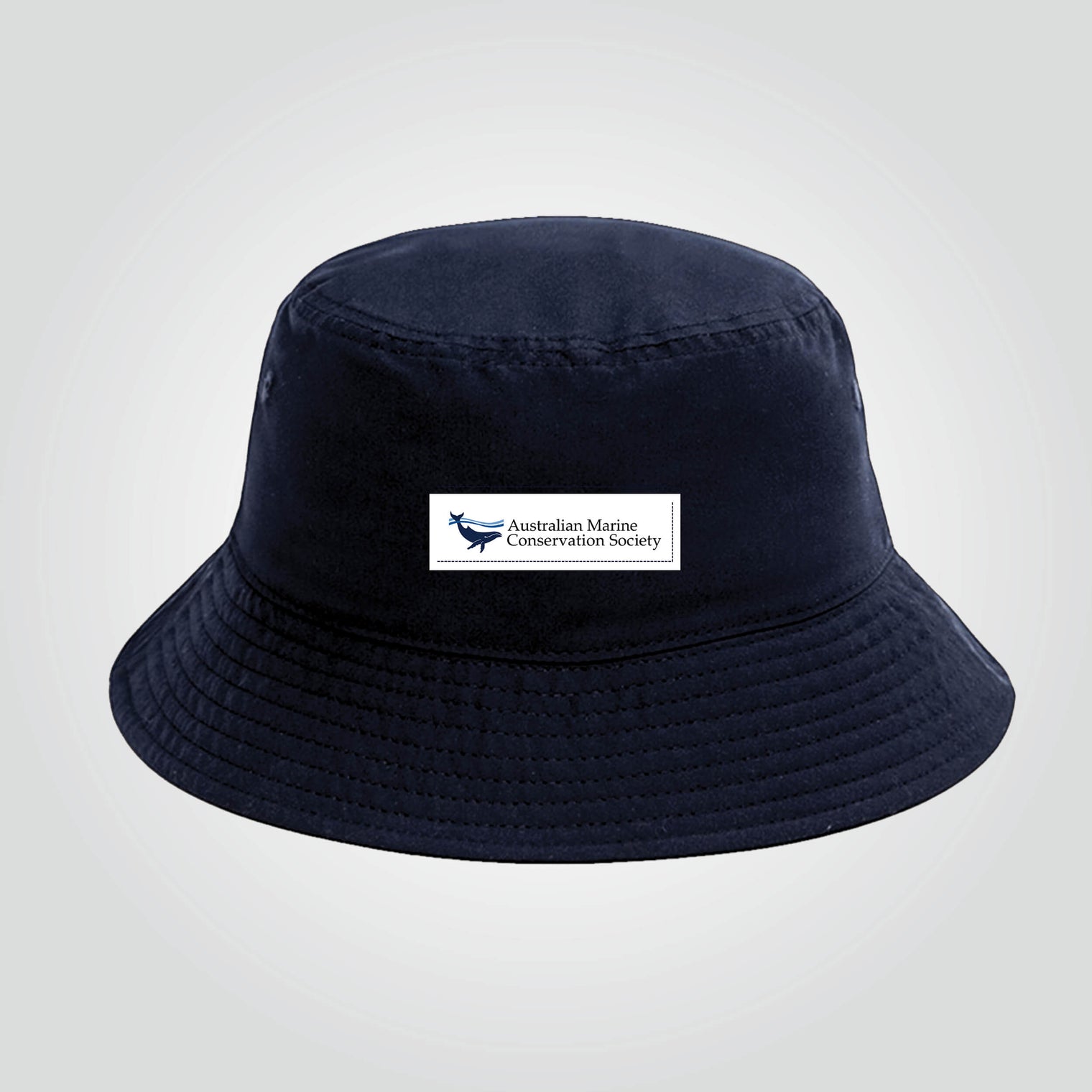 Ocean Icons recycled, navy bucket hat embroidered with AMCS logo (horizontal orientation of the logo).