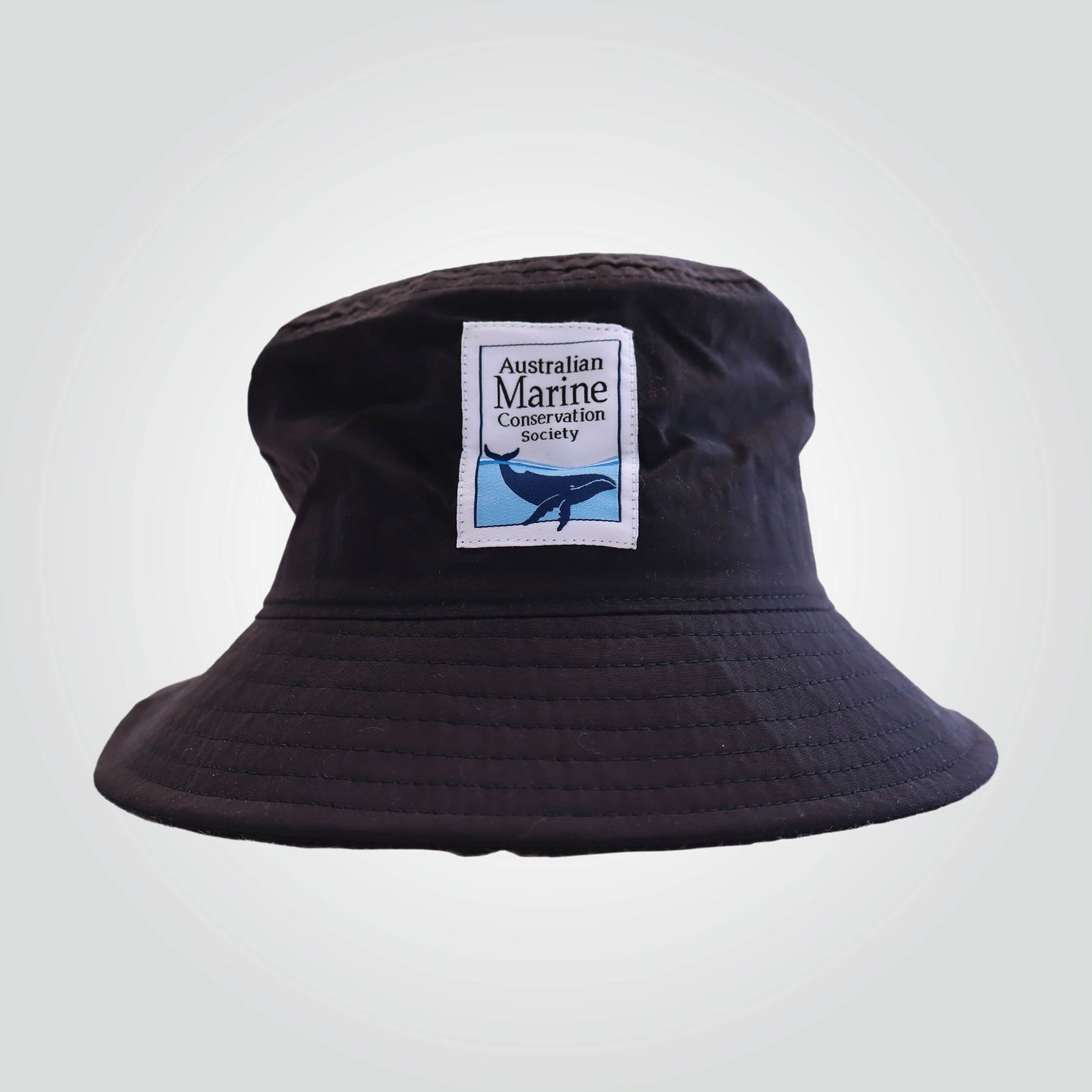 Ocean Icons recycled, navy bucket hat embroidered with AMCS logo (vertical orientation of the logo).