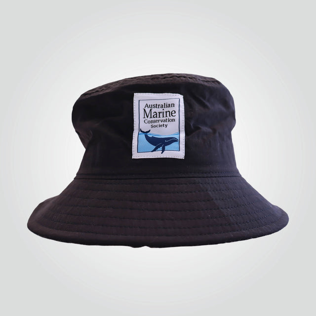 Ocean Icons recycled, navy bucket hat embroidered with AMCS logo (vertical orientation of the logo).