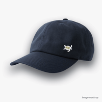 Navy-coloured Ocean Icons Dad cap with turtle embroidery on the side.