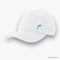 White-coloured Ocean Icons Dad cap with dolphin embroidery on the side.