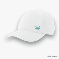 White-coloured Ocean Icons Dad cap with turtle embroidery on the side.