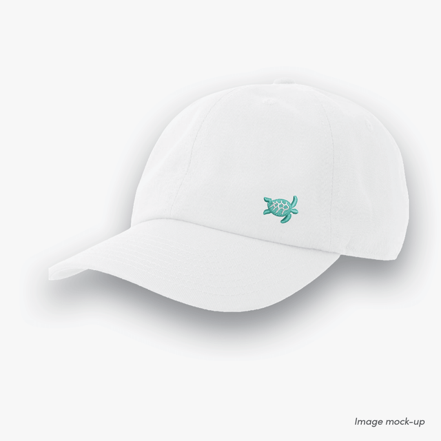 White-coloured Ocean Icons Dad cap with turtle embroidery on the side.